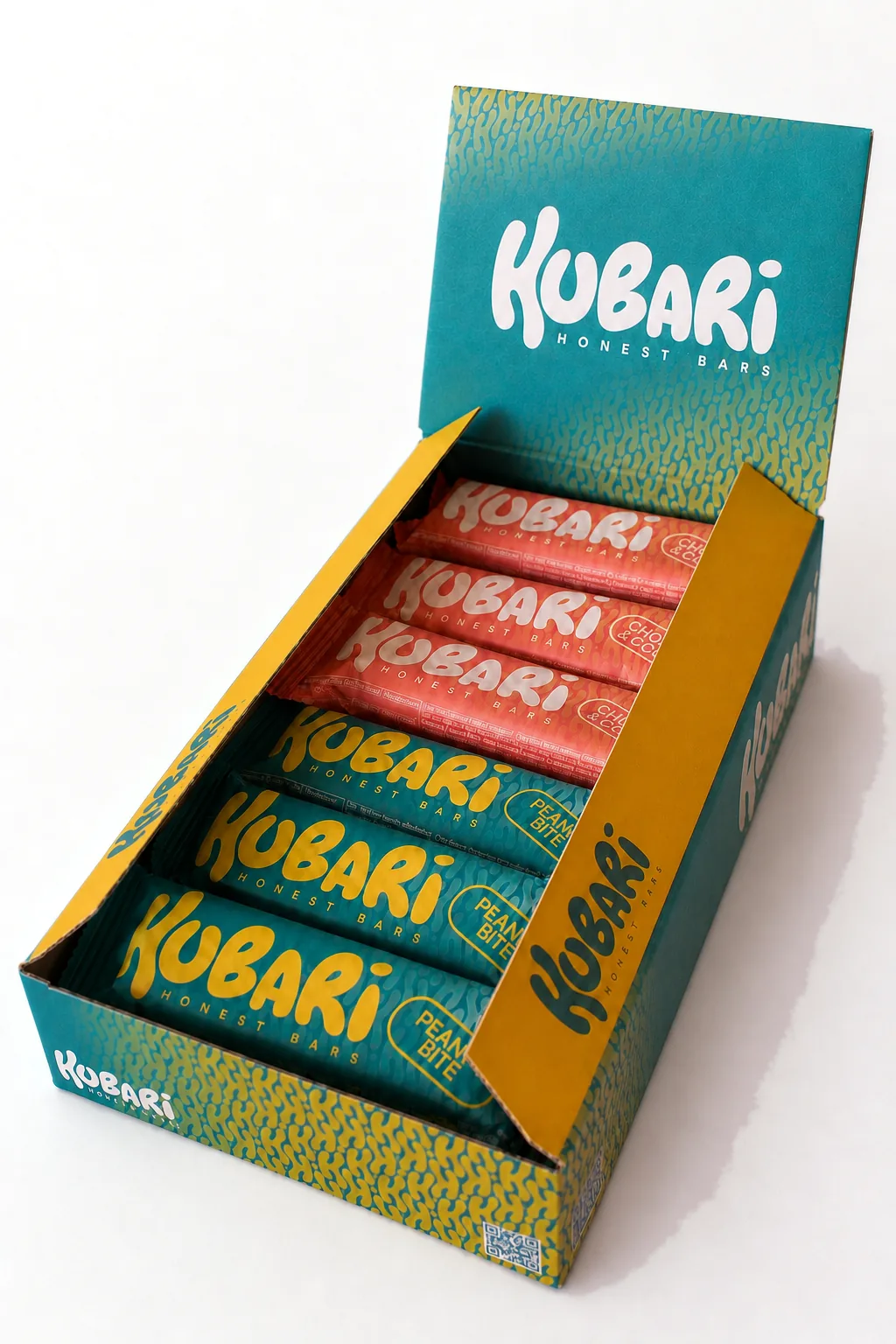 Caja de 12 barritas Kubari abierta con los dos sabores, Choco & Coco y Peanut Bite